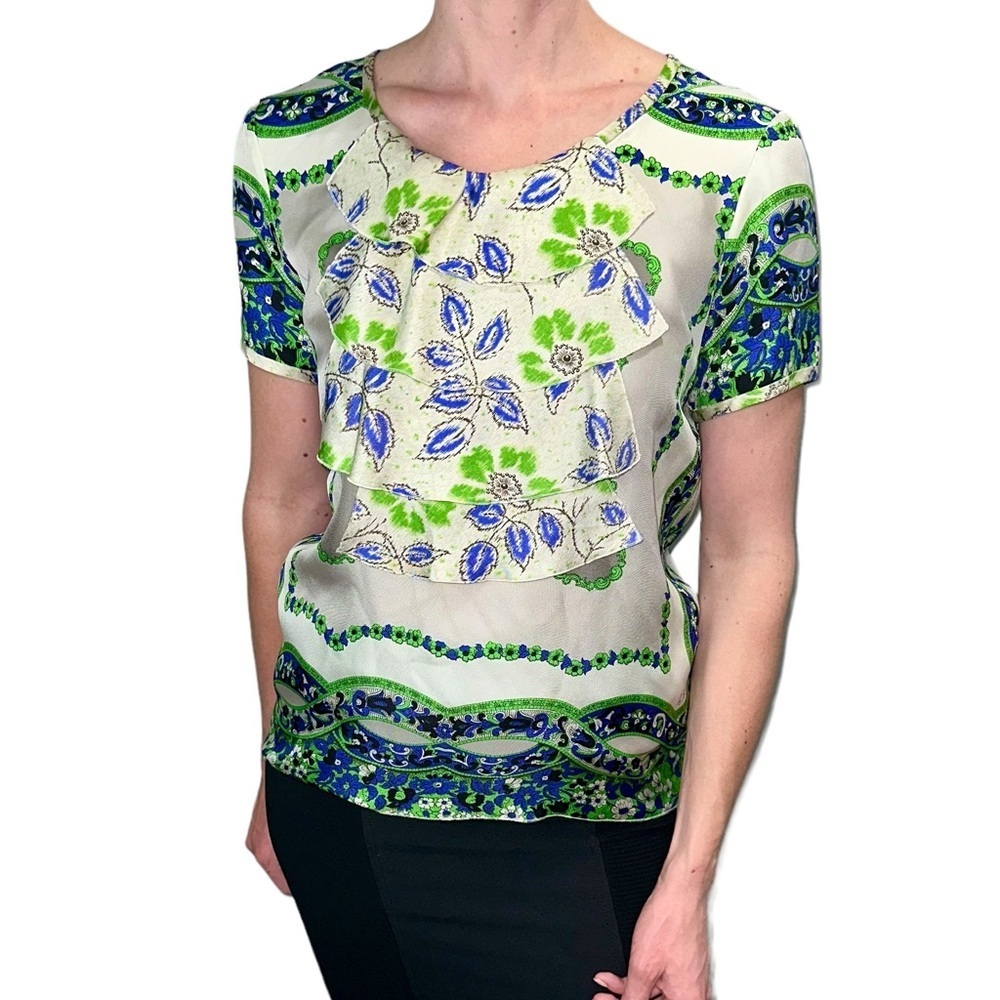ETRO Paisley Floral Print Ruffle Short Sleeve Silk Blouse